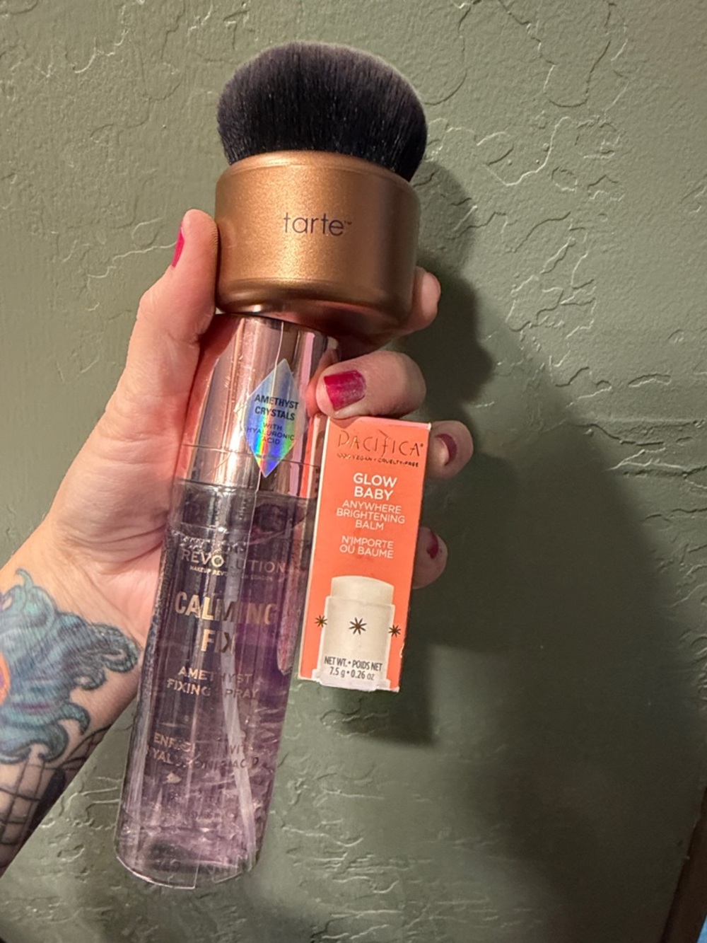tarte Rose Gold Kabuki Brush with Revolution Calming Fix and Pacifica glow baby